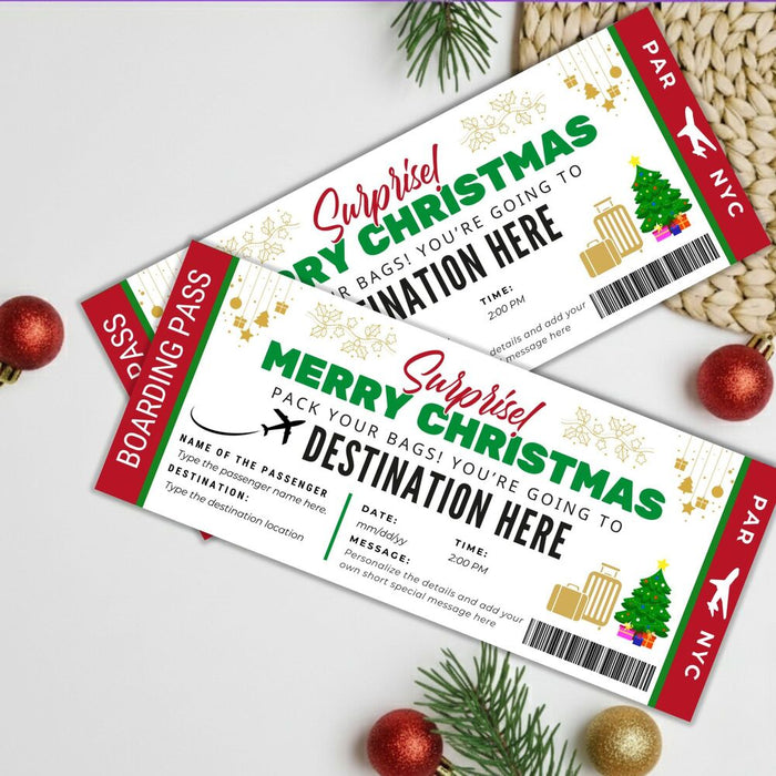 Customizable Christmas Surprise Travel Gift Boarding Pass Template | Vacation Ticket Voucher