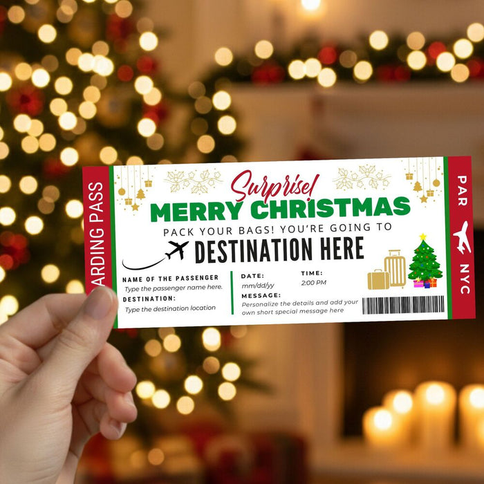 Customizable Christmas Surprise Travel Gift Boarding Pass Template | Vacation Ticket Voucher
