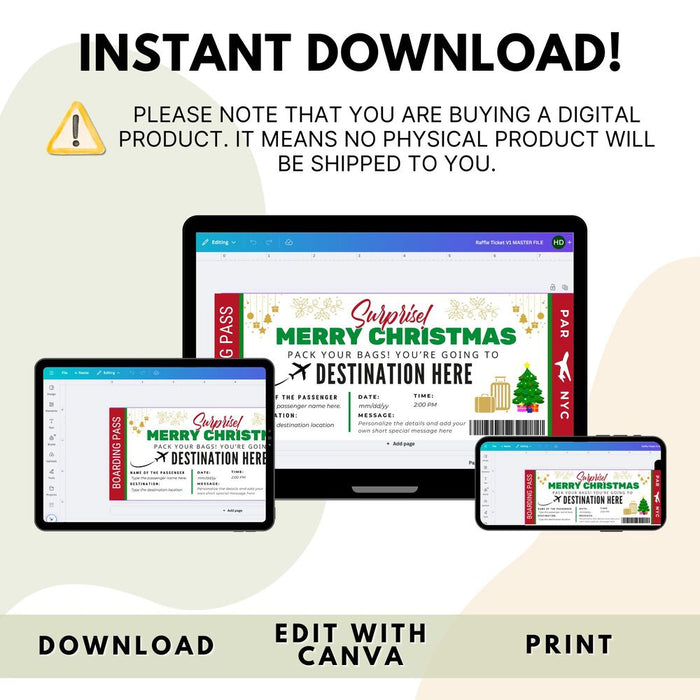 Customizable Christmas Surprise Travel Gift Boarding Pass Template | Vacation Ticket Voucher