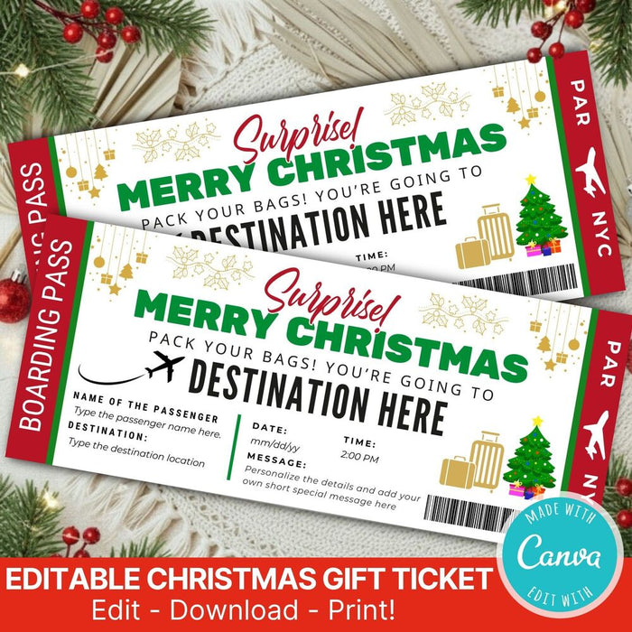 Customizable Christmas Surprise Travel Gift Boarding Pass Template | Vacation Ticket Voucher
