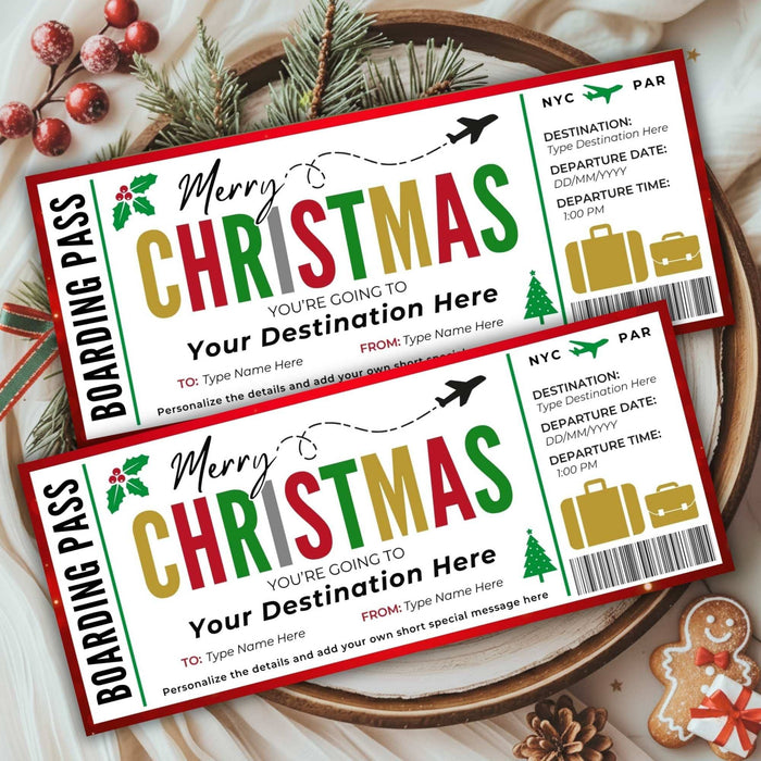 DIY Christmas Travel Boarding Pass Gift Voucher Template | Surprise Vacation Ticket