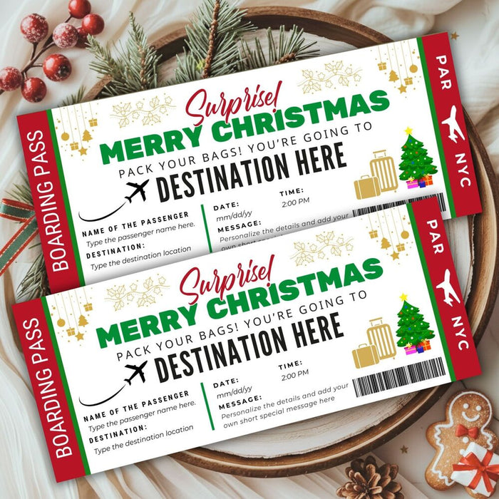 Customizable Christmas Surprise Travel Gift Boarding Pass Template | Vacation Ticket Voucher
