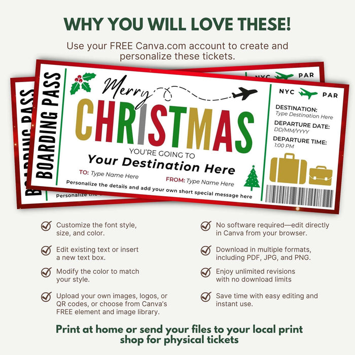 DIY Christmas Travel Boarding Pass Gift Voucher Template | Surprise Vacation Ticket