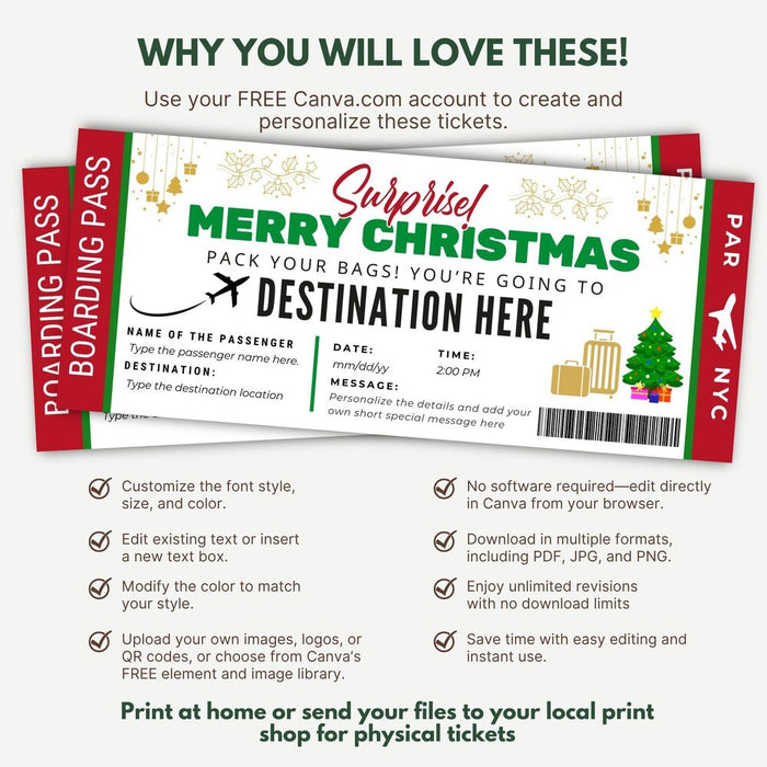 Customizable Christmas Surprise Travel Gift Boarding Pass Template | Vacation Ticket Voucher