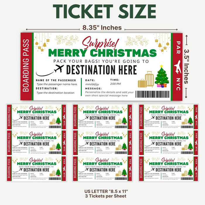 Customizable Christmas Surprise Travel Gift Boarding Pass Template | Vacation Ticket Voucher