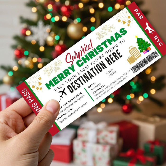 Customizable Christmas Surprise Travel Gift Boarding Pass Template | Vacation Ticket Voucher