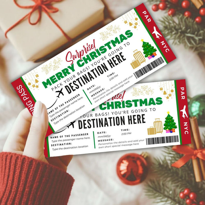 Customizable Christmas Surprise Travel Gift Boarding Pass Template | Vacation Ticket Voucher