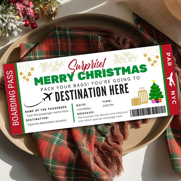 Customizable Christmas Surprise Travel Gift Boarding Pass Template | Vacation Ticket Voucher