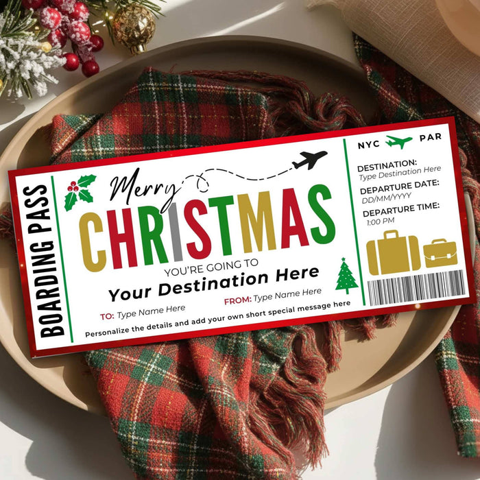 DIY Christmas Travel Boarding Pass Gift Voucher Template | Surprise Vacation Ticket