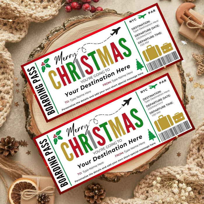DIY Christmas Travel Boarding Pass Gift Voucher Template | Surprise Vacation Ticket