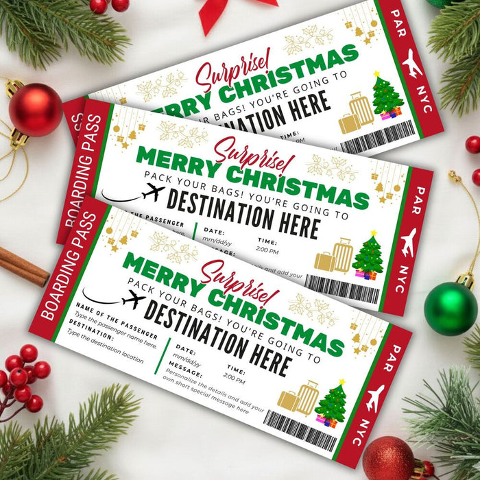 Customizable Christmas Surprise Travel Gift Boarding Pass Template | Vacation Ticket Voucher