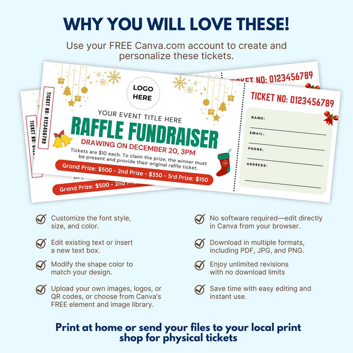 Holiday Raffle Invitations Christmas Raffle Ticket Template | Customizable Holiday Giveaway Ticket ...