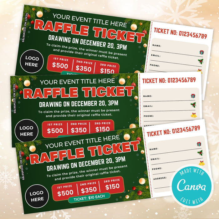 DIY Christmas Raffle Fundraising Ticket Template | Holiday Fundraiser & Event Ticket