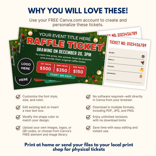 DIY Christmas Raffle Fundraising Ticket Template | Holiday Fundraiser & Event Ticket