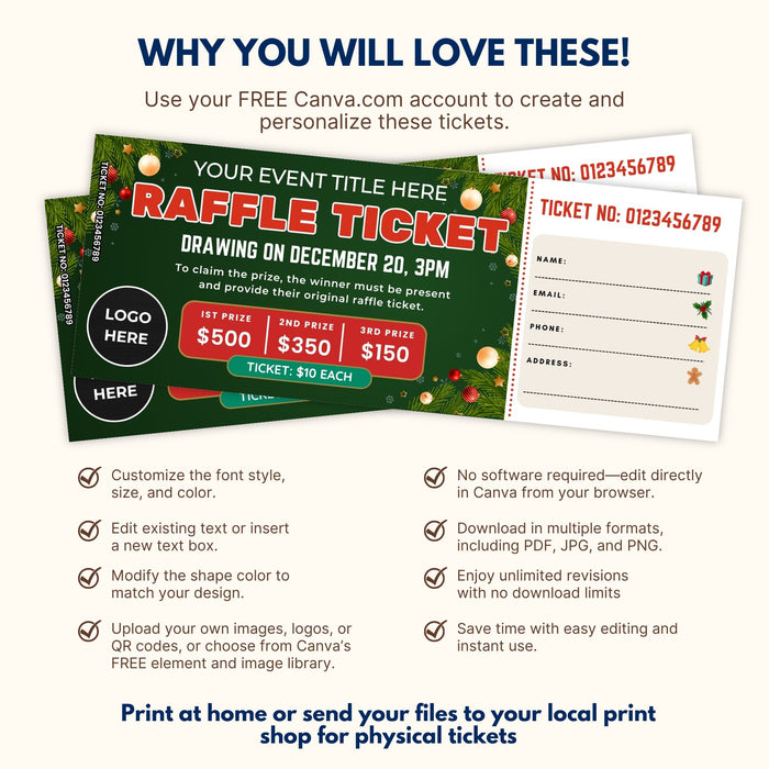 DIY Christmas Raffle Fundraising Ticket Template | Holiday Fundraiser & Event Ticket