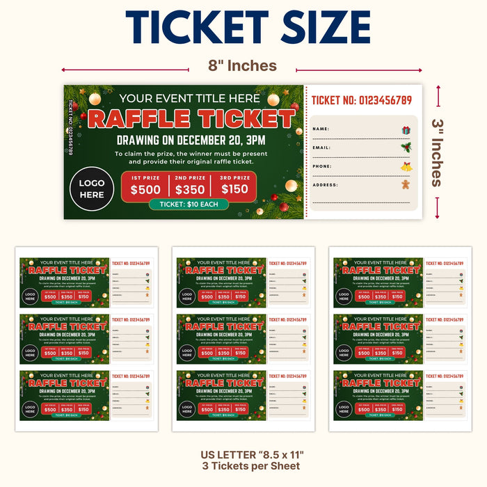DIY Christmas Raffle Fundraising Ticket Template | Holiday Fundraiser & Event Ticket