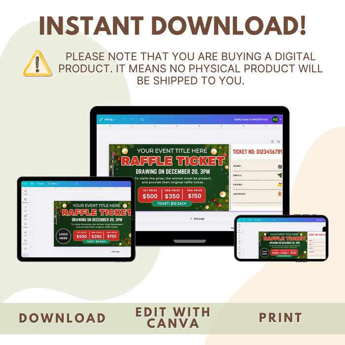 DIY Christmas Raffle Fundraising Ticket Template | Holiday Fundraiser & Event Ticket