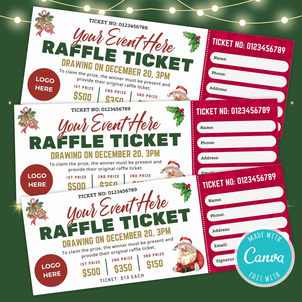 Customizable Christmas Raffle Ticket Template | Holiday Fundraiser Ticket - Posh Park for Free Printable Christmas Ticket Template