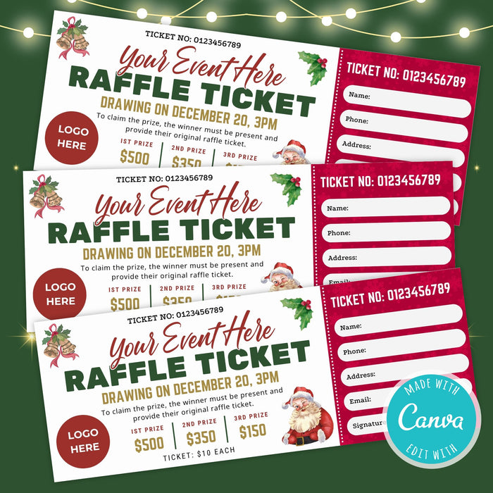 Customizable Christmas Raffle Ticket Template | Holiday Fundraiser Ticket