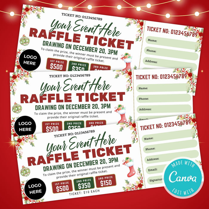 DIY Christmas Raffle Ticket Template | Holiday Party & Fundraiser Ticket