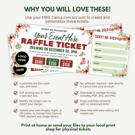 DIY Christmas Raffle Ticket Template | Holiday Party & Fundraiser Ticket