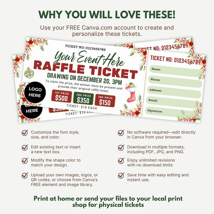 DIY Christmas Raffle Ticket Template | Holiday Party & Fundraiser Ticket