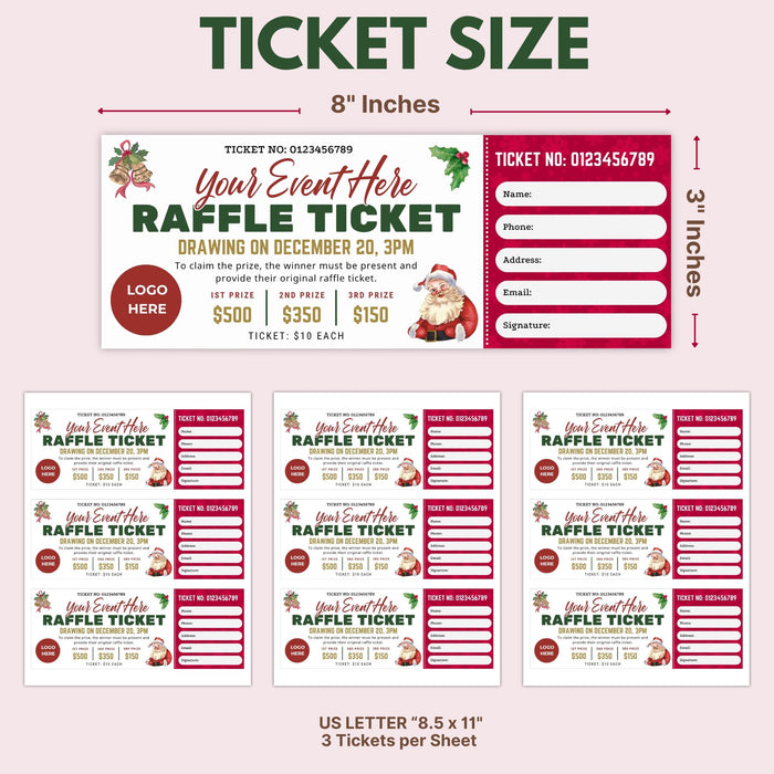 Customizable Christmas Raffle Ticket Template | Holiday Fundraiser Ticket