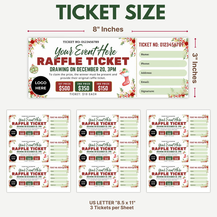 DIY Christmas Raffle Ticket Template | Holiday Party & Fundraiser Ticket