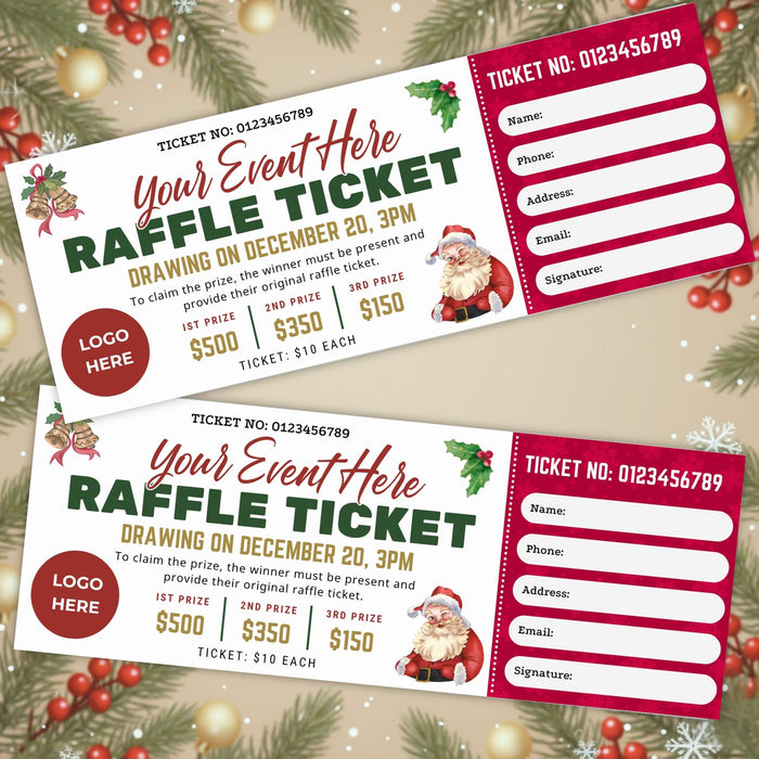 Customizable Christmas Raffle Ticket Template | Holiday Fundraiser Ticket