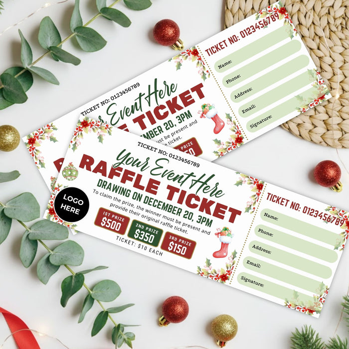 DIY Christmas Raffle Ticket Template | Holiday Party & Fundraiser Ticket