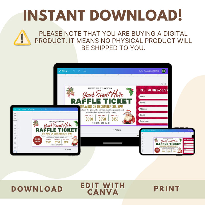 Customizable Christmas Raffle Ticket Template | Holiday Fundraiser Ticket