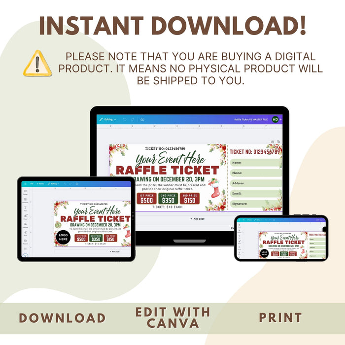 DIY Christmas Raffle Ticket Template | Holiday Party & Fundraiser Ticket