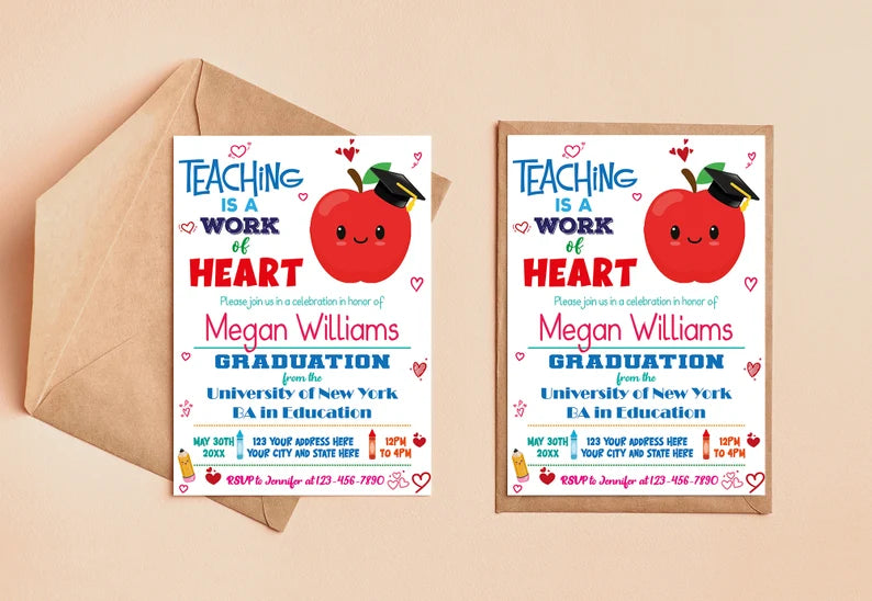 DIY Teacher Graduation Invitation Announcement Template | Teaching is a Work of Heart Invite