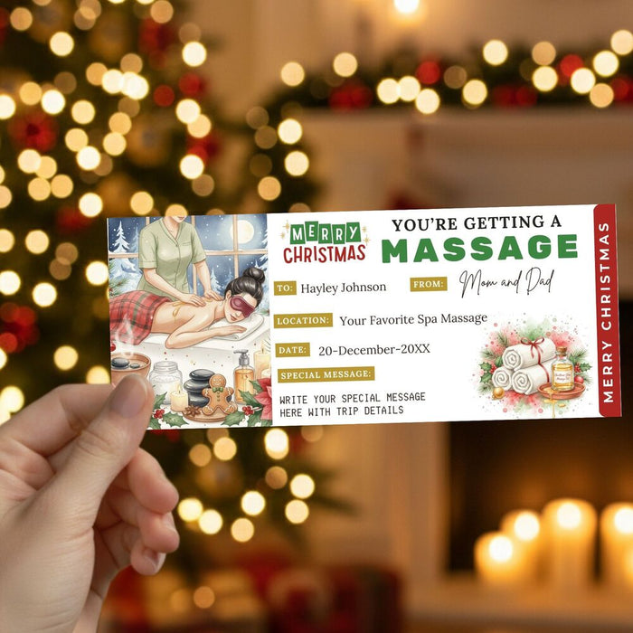 Customizable Christmas Massage Gift Voucher Ticket Template | Massage Spa Gift Certificate Coupon