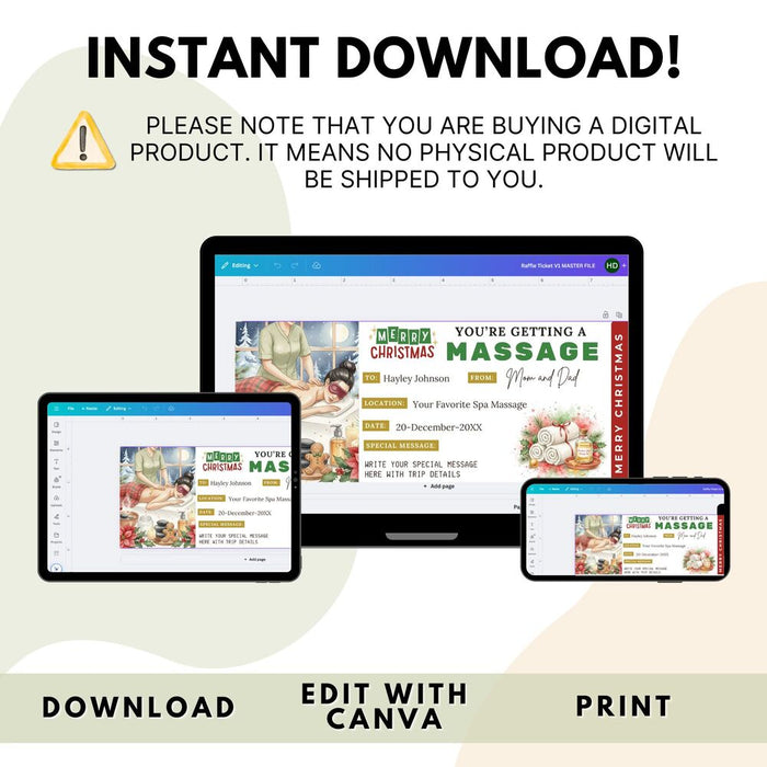 Customizable Christmas Massage Gift Voucher Ticket Template | Massage Spa Gift Certificate Coupon