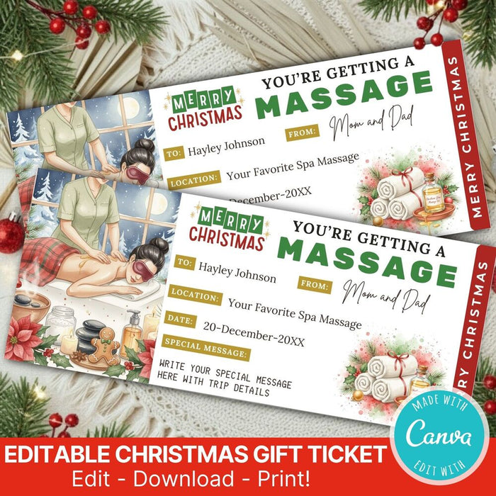 Customizable Christmas Massage Gift Voucher Ticket Template | Massage Spa Gift Certificate Coupon