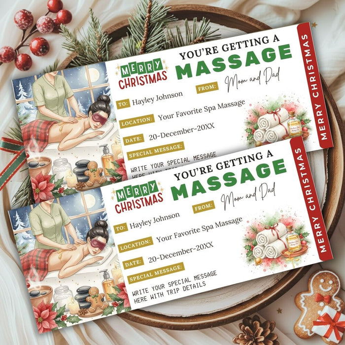 Customizable Christmas Massage Gift Voucher Ticket Template | Massage Spa Gift Certificate Coupon