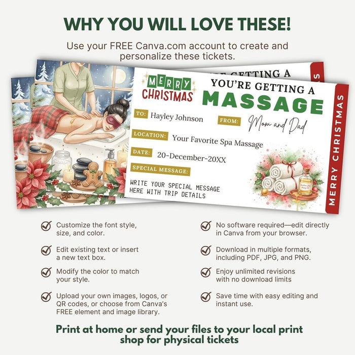 Customizable Christmas Massage Gift Voucher Ticket Template | Massage Spa Gift Certificate Coupon