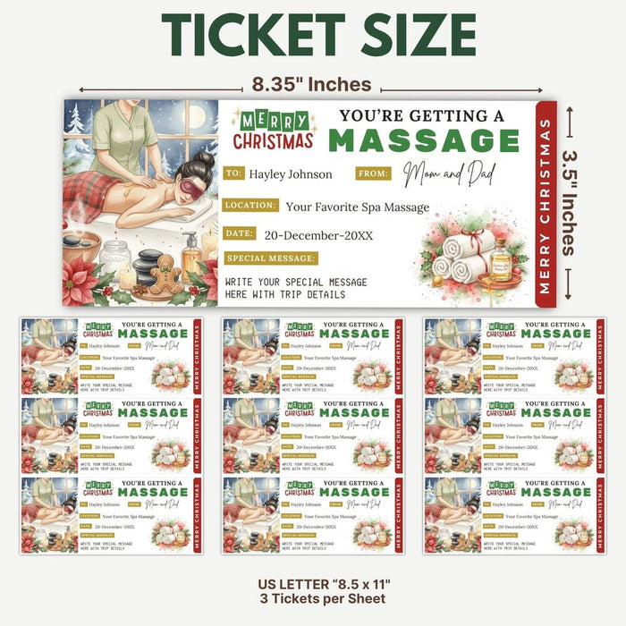 Customizable Christmas Massage Gift Voucher Ticket Template | Massage Spa Gift Certificate Coupon
