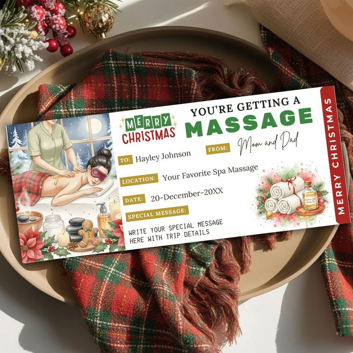 Customizable Christmas Massage Gift Voucher Ticket Template | Massage Spa Gift Certificate Coupon