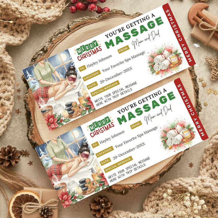 Customizable Christmas Massage Gift Voucher Ticket Template | Massage Spa Gift Certificate Coupon