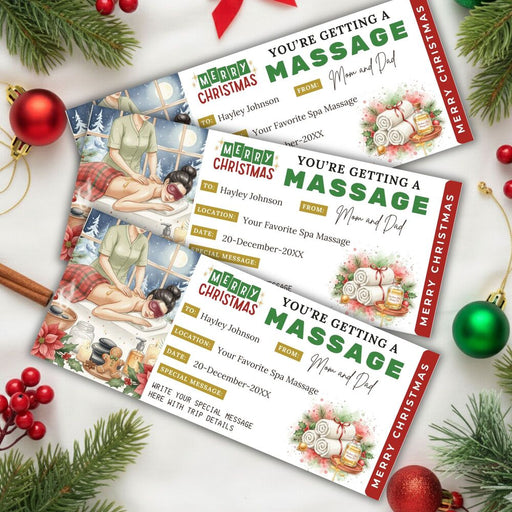 Customizable Christmas Massage Gift Voucher Ticket Template | Massage Spa Gift Certificate Coupon