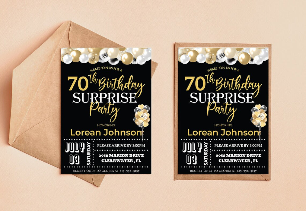 Customizable Black Gold 70th Birthday Invite | Any Age Birthday Invitation Template