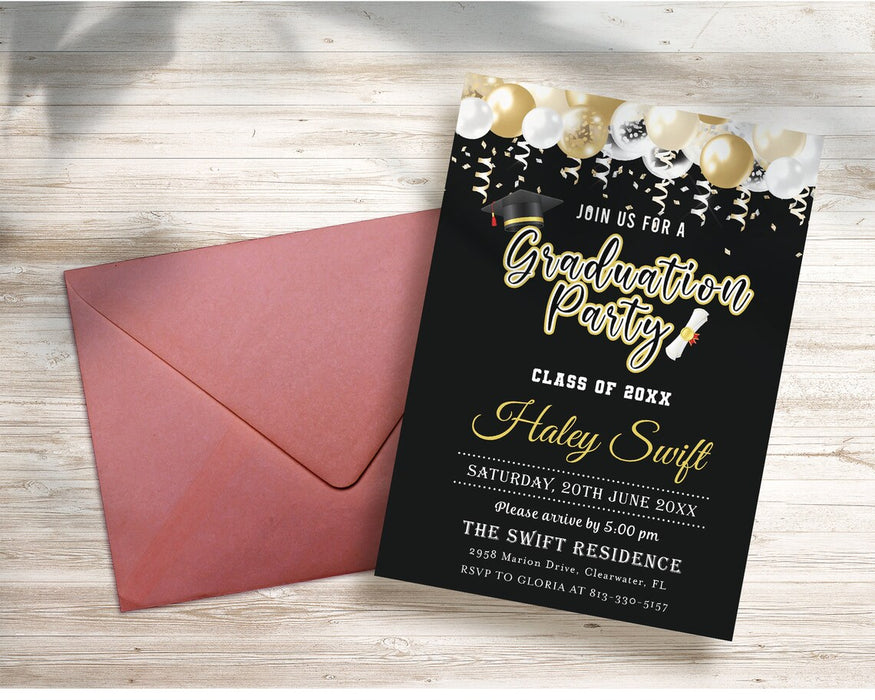 DIY Graduation Invite Template Black Gold | Grad Party Invitation ...