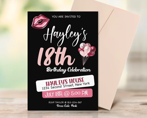 DIY 18th Birthday Invitation For Girl | Black Pink 18th Birthday invite Template