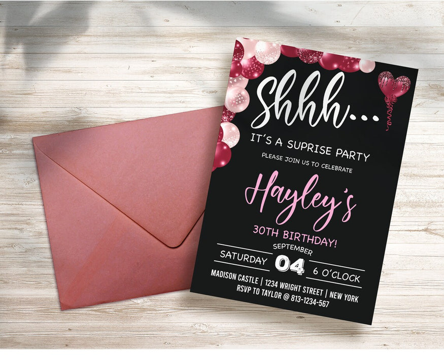 DIY 30th Birthday Invite for Her | Any Age Shhh It's a Surprise Birthday Invitation