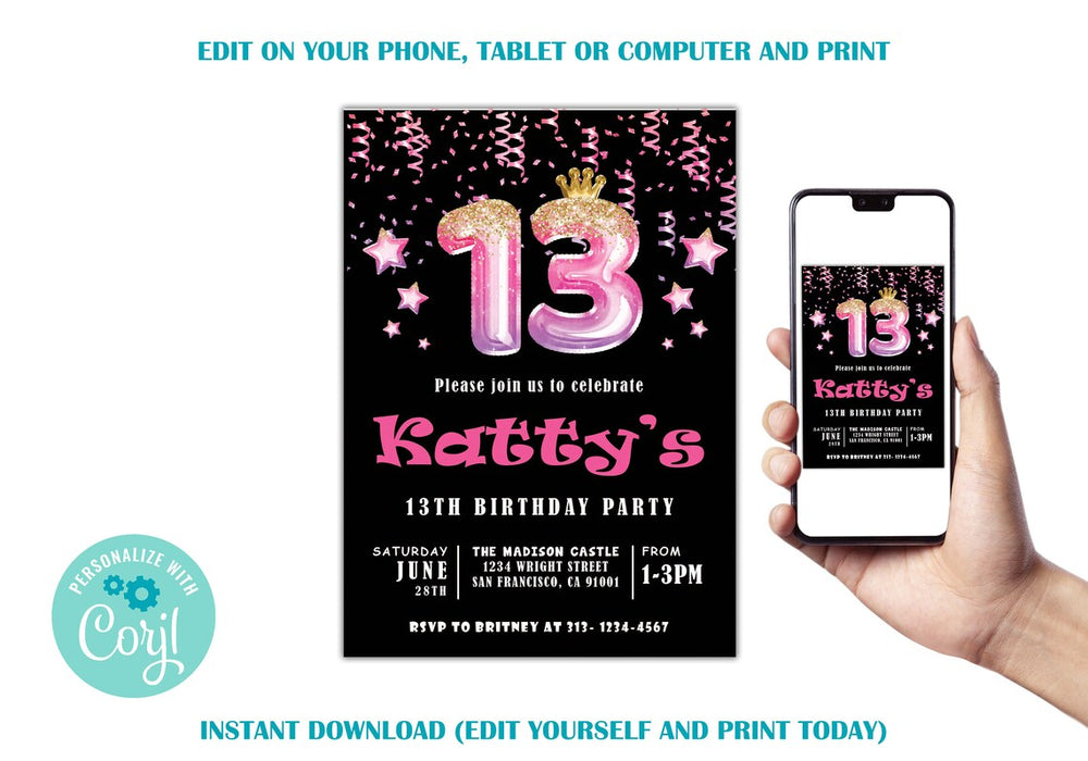 Customizable 13th Birthday Invitation For Girl | Black Pink 13th Birthday invite Template