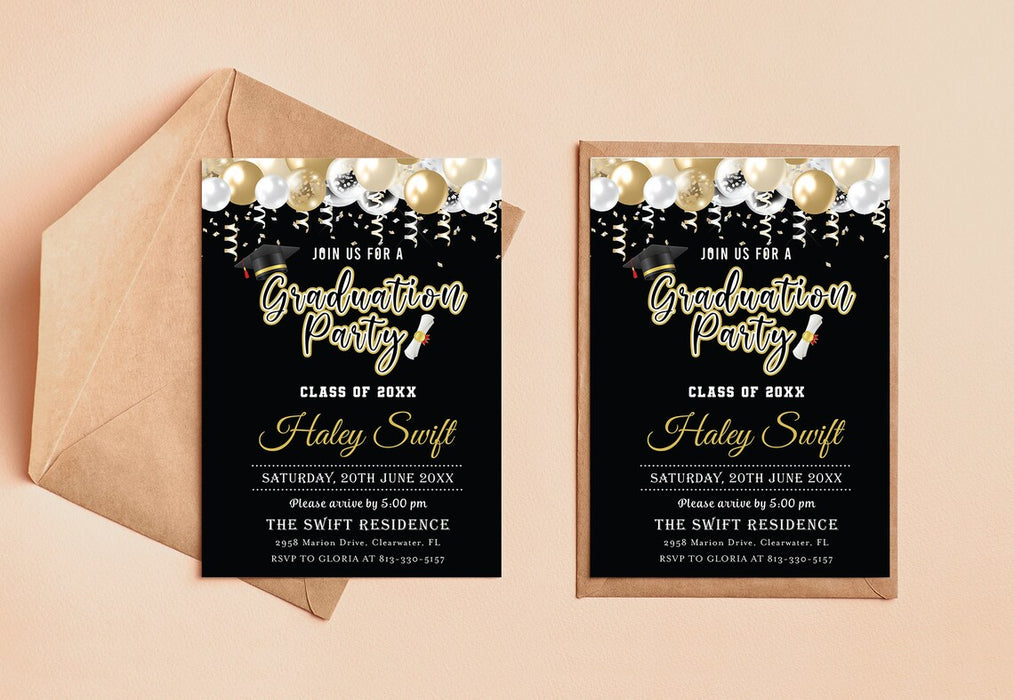 DIY Graduation Invite Template Black Gold | Grad Party Invitation ...