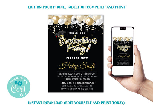 DIY Graduation Invite Template Black Gold | Grad Party Invitation