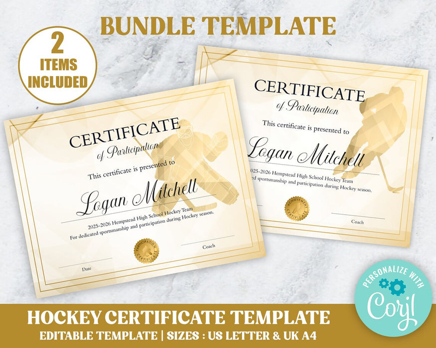 Customizable Hockey Certificate Template for Boys Bundle | Skater and Goalie Sports Award